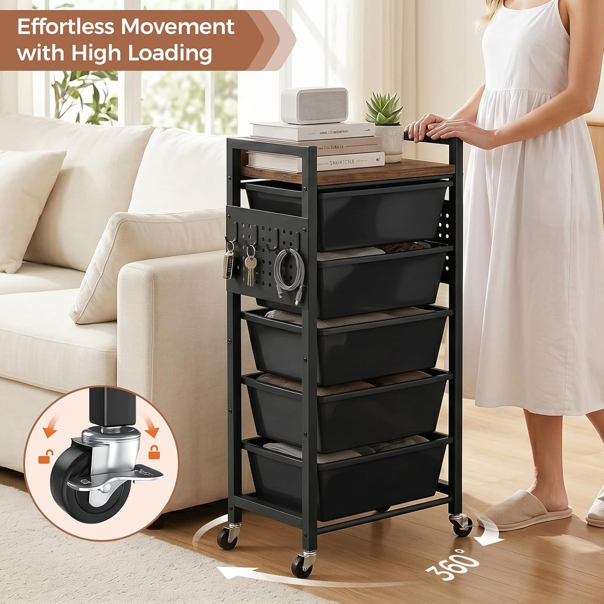 6 Tier Rolling Cart with Drawers, Plastic Drawer Storage Craft Cart with Pegb...