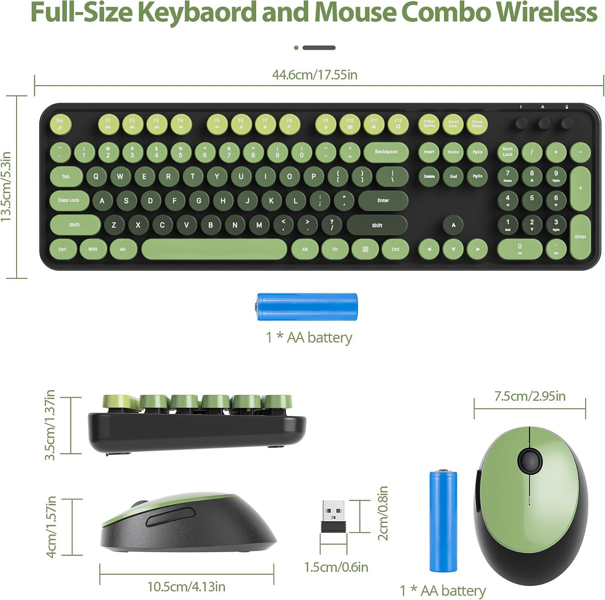 Green Wireless Keyboard and Mouse, Cute Keyboard and Mouse Combo, Full Size T...