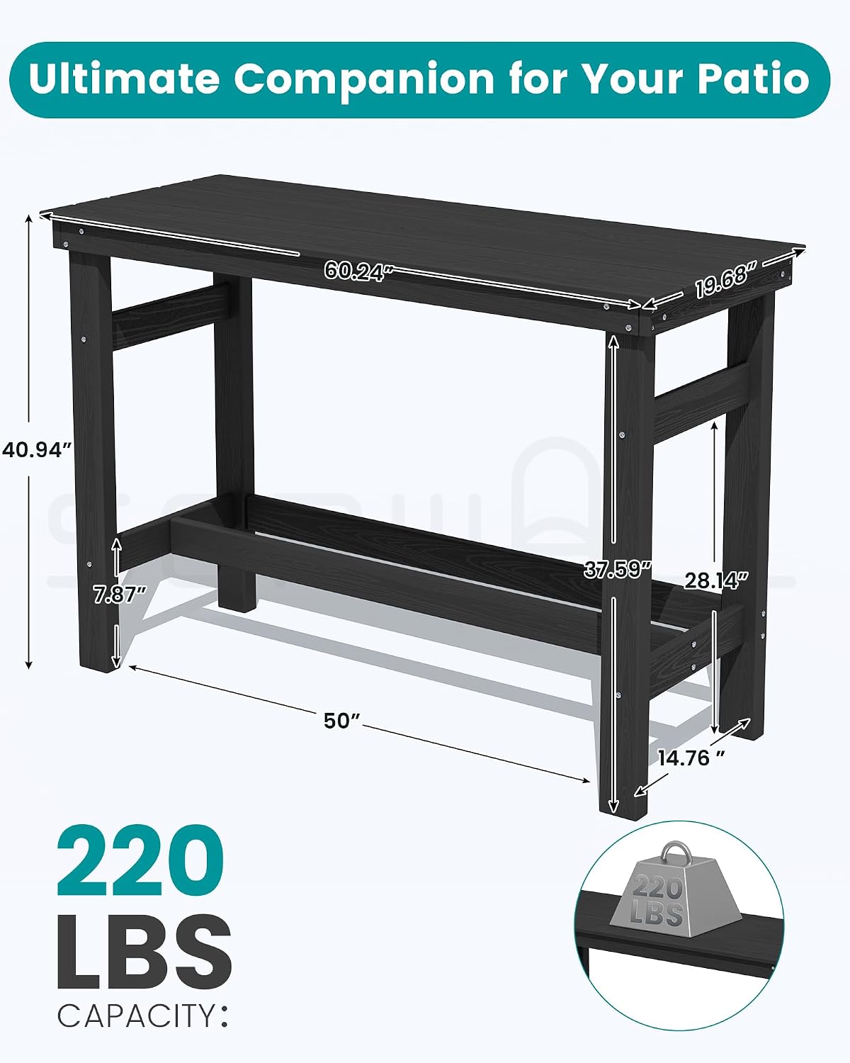 SERWALL 41" HDPE Outdoor Bar Table with 1.6" Umbrella Hole, Black