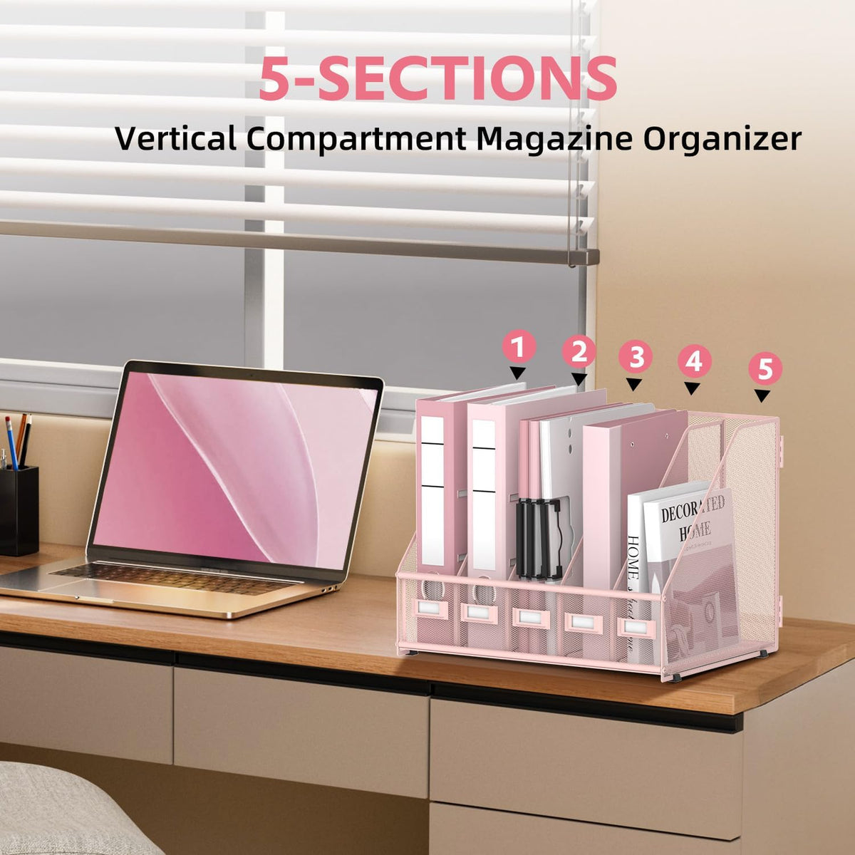 5 Vertical Compartments Magazine File Holder, Metal Binder Organizer, Pink
