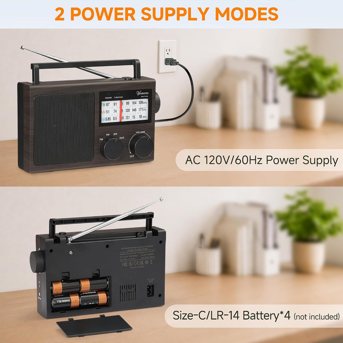 Portable AM FM Shortwave Radio AC & Battery Powered