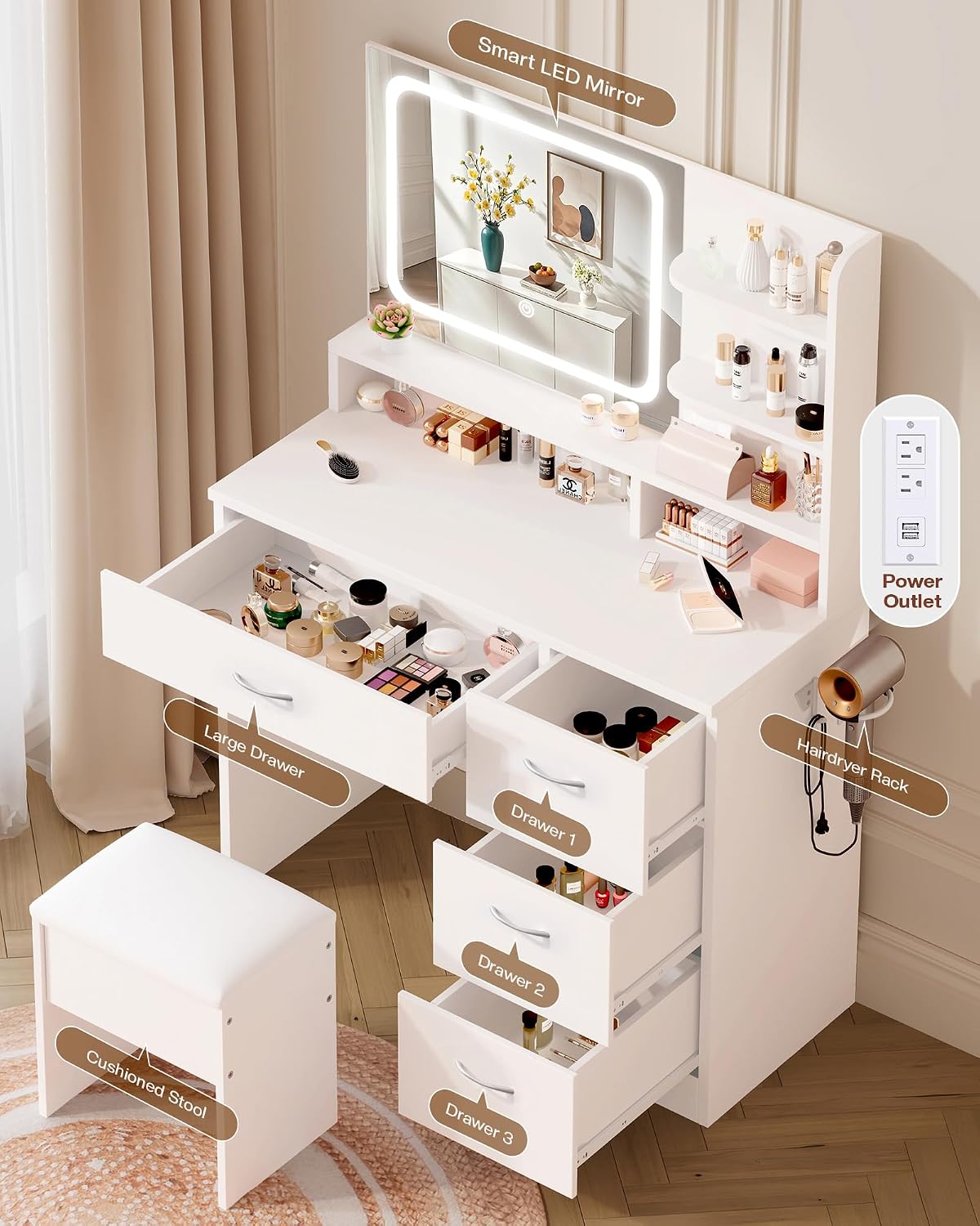 LIVELYGLOW White Makeup Vanity Desk with Charging Station & 4 Drawers