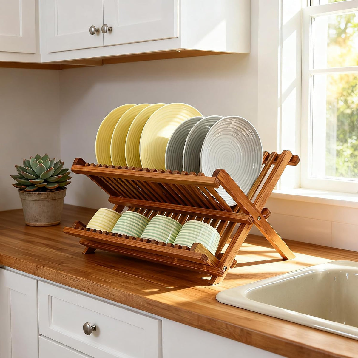 Utoplike Teak Wood Dish Drying Rack, Foldable Plate Organizer Countertop
