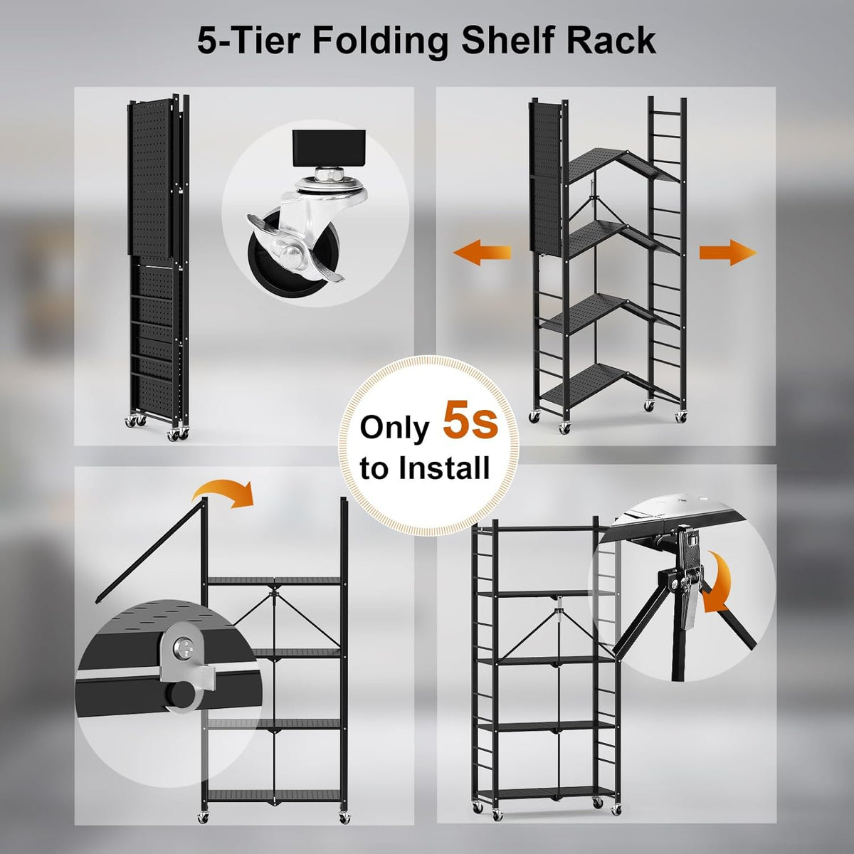 Himix 5-Tier Foldable Storage Shelves with 20 Hooks Wheels Kitchen Black