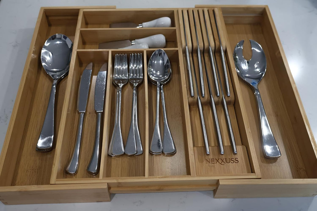 Nexxuss Bamboo Kitchen Drawer Organizer, Expandable Utensil Organizer with Re...