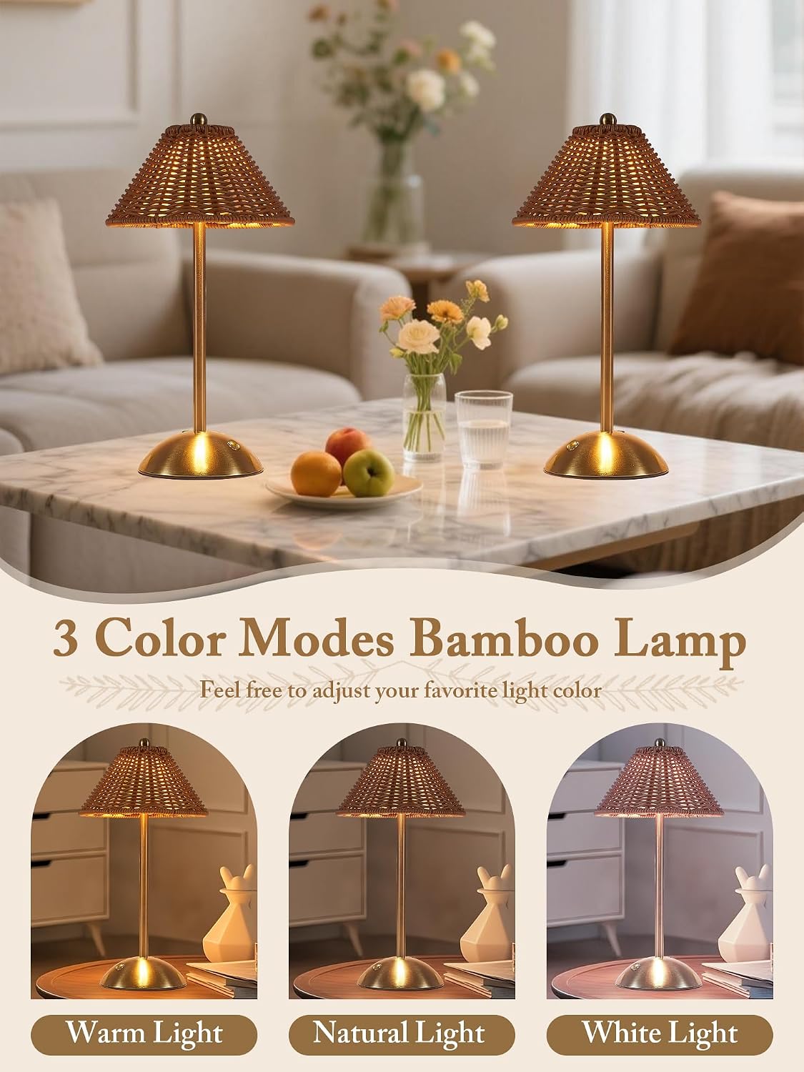 2 Pack Boho Woven Table Lamp, LED Rechargeable Night Light (Orange Brown)