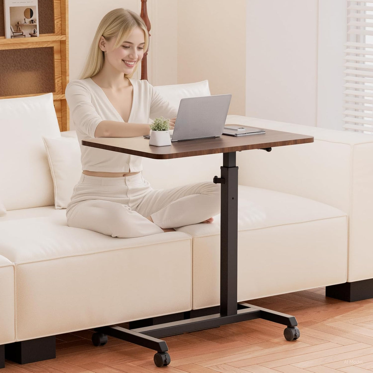 COMHOMA Adjustable Overbed Bedside Table with Lockable Wheels, Foldable Mobil...