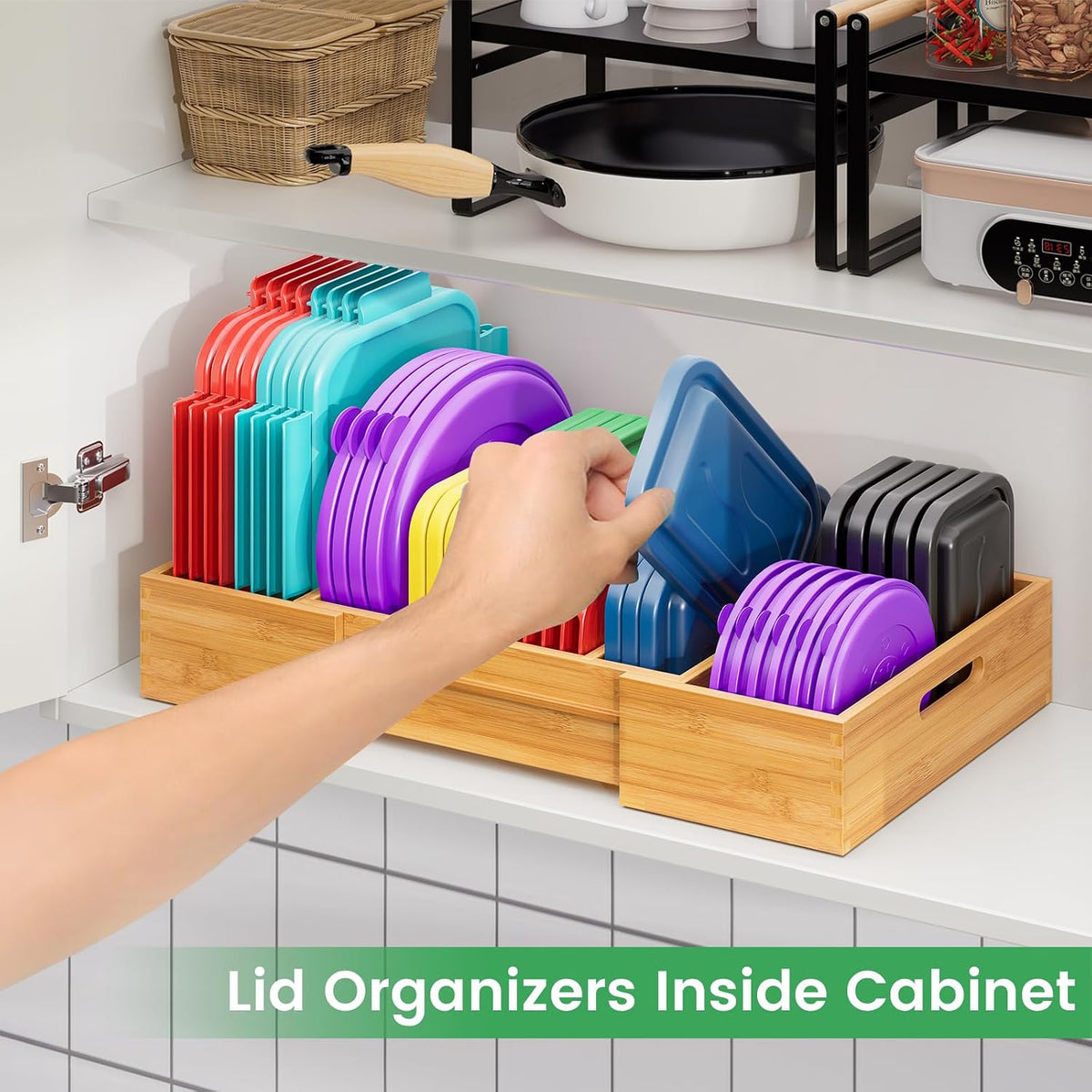 Kiasthome Expandable Bamboo Lid Organizers Inside Cabinet, Kitchen Cabinet Or...