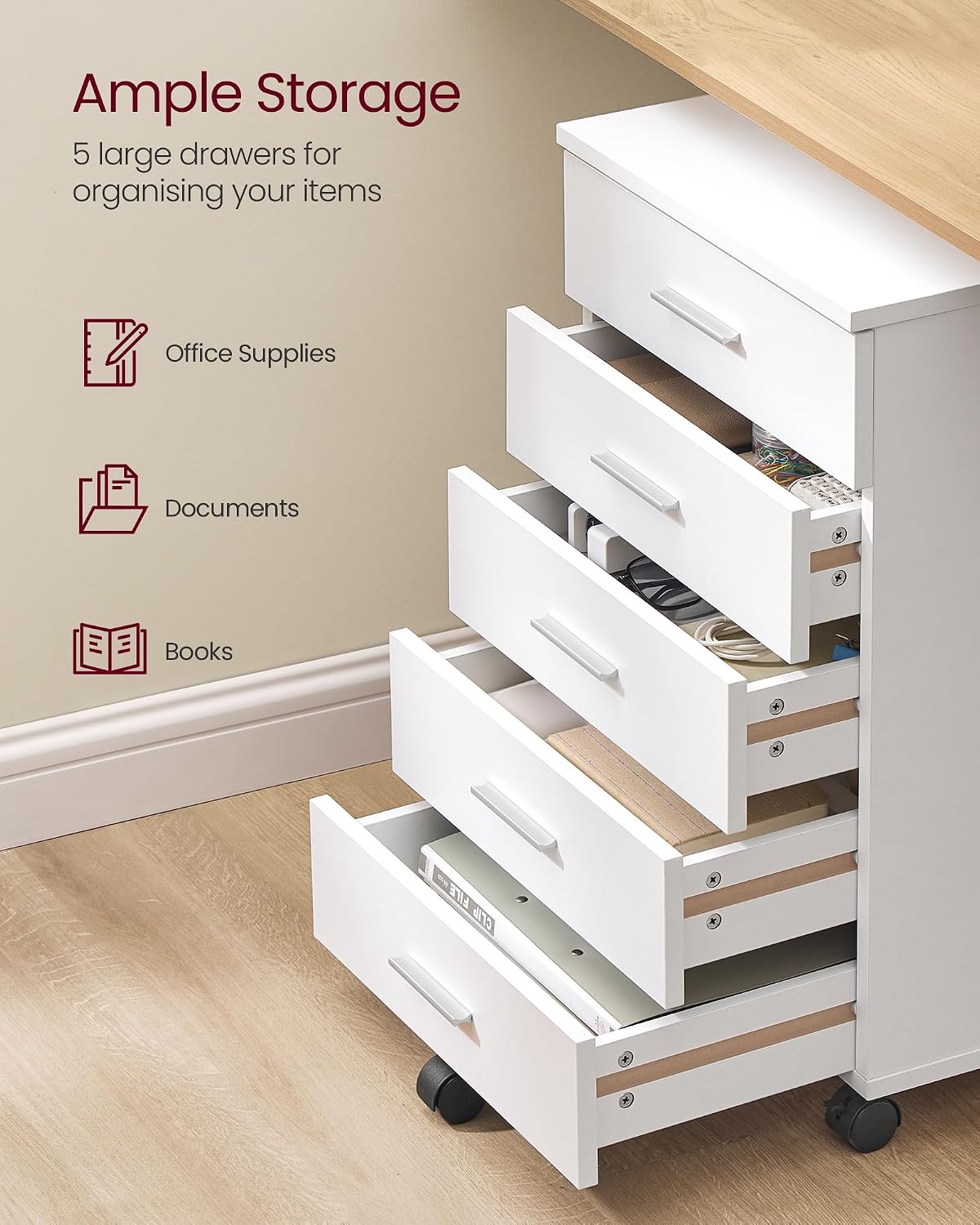 VASAGLE File Cabinet, Mobile Pedestal Filing Cabinet with Wheels