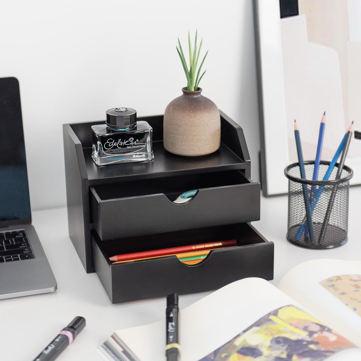 ROSE BLOOM Black Wood Desk Organizer with 2 Drawer, Mini Cute Cabinet with St...