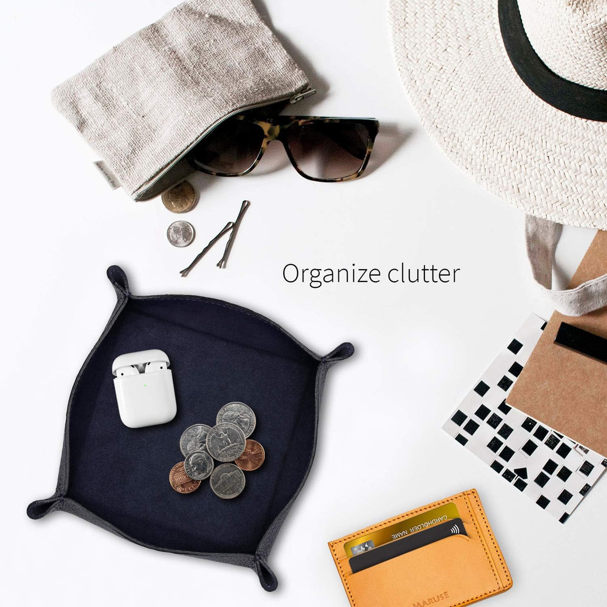 Maruse Italian Tumble Leather Valet Tray Organizer, Office Desk Accessory, Du...