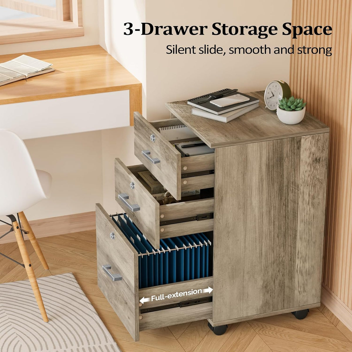 VINGLI 3-Drawer File Cabinet with Lock, Wood Rolling Under Desk File Cabinets...