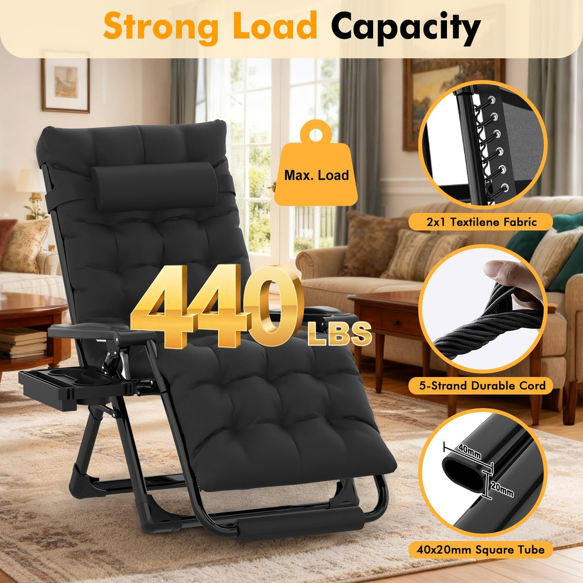 Slendor Oversized Zero Gravity Chairs XL, 29in Padded Recliner Chair, Black