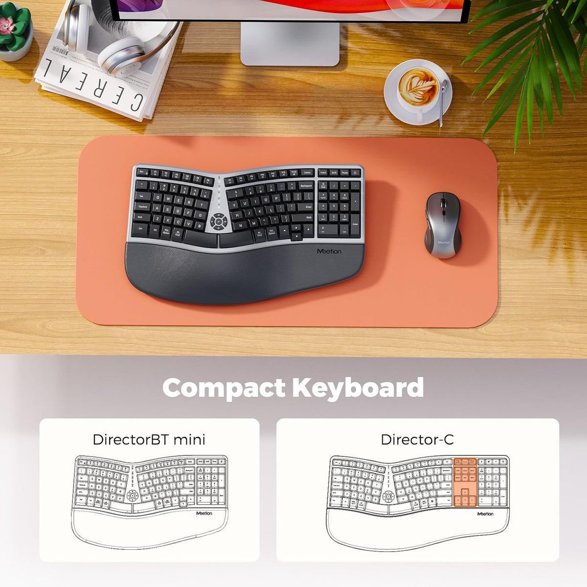 MEETION Ergonomic Wireless Keyboard and Mouse with Leather Palm Rest, Black