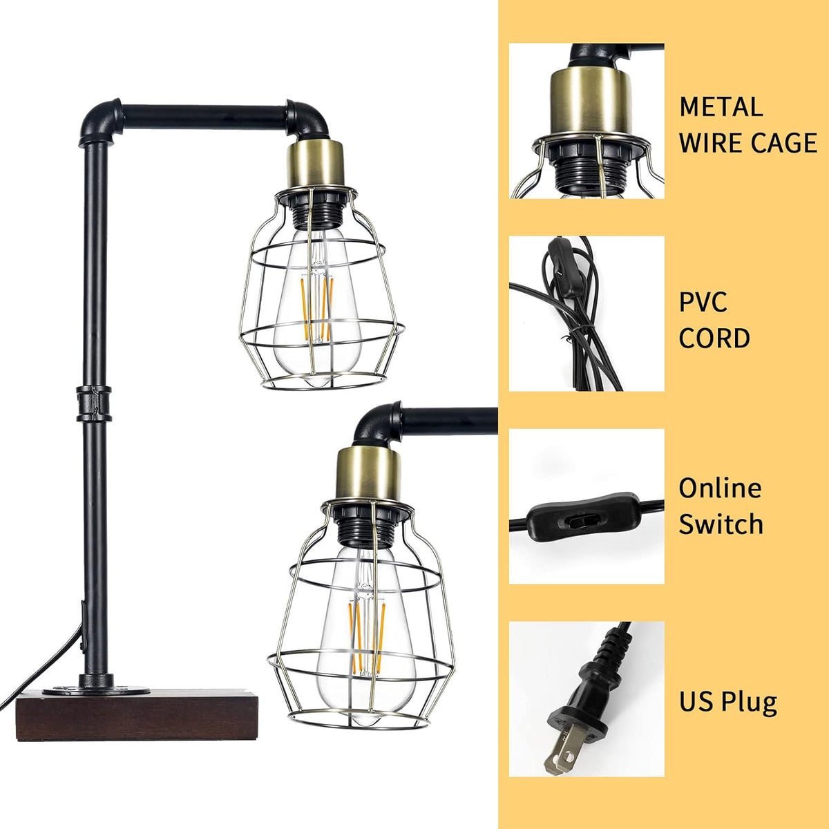 CONCA Steampunk Table lamp, E26 Base Rustic Edison Lighting, cage Shade Table...