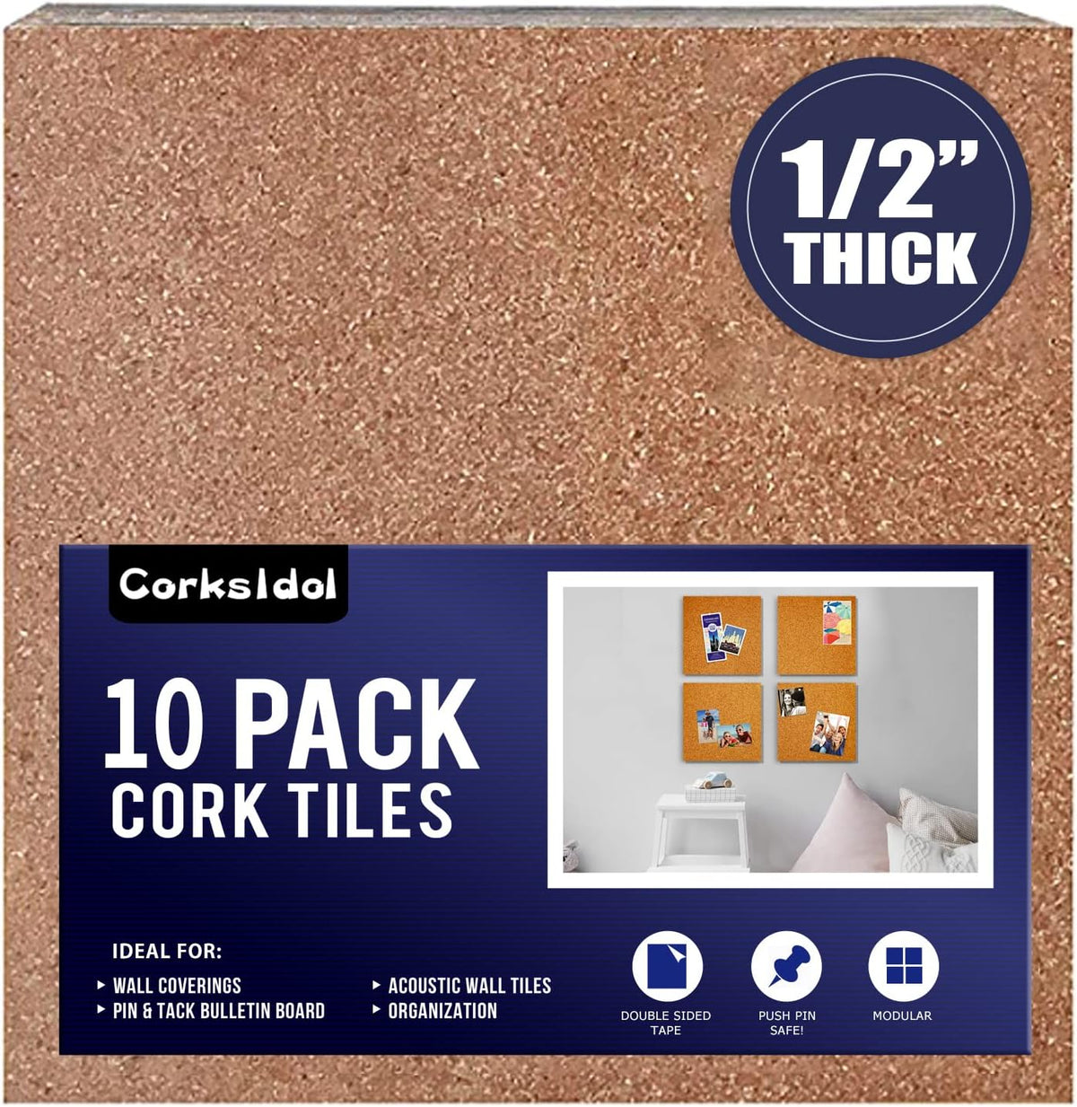 Corksidol Cork Tiles 12"x12" - 1/2" Thick -Bulletin Board-Cork...