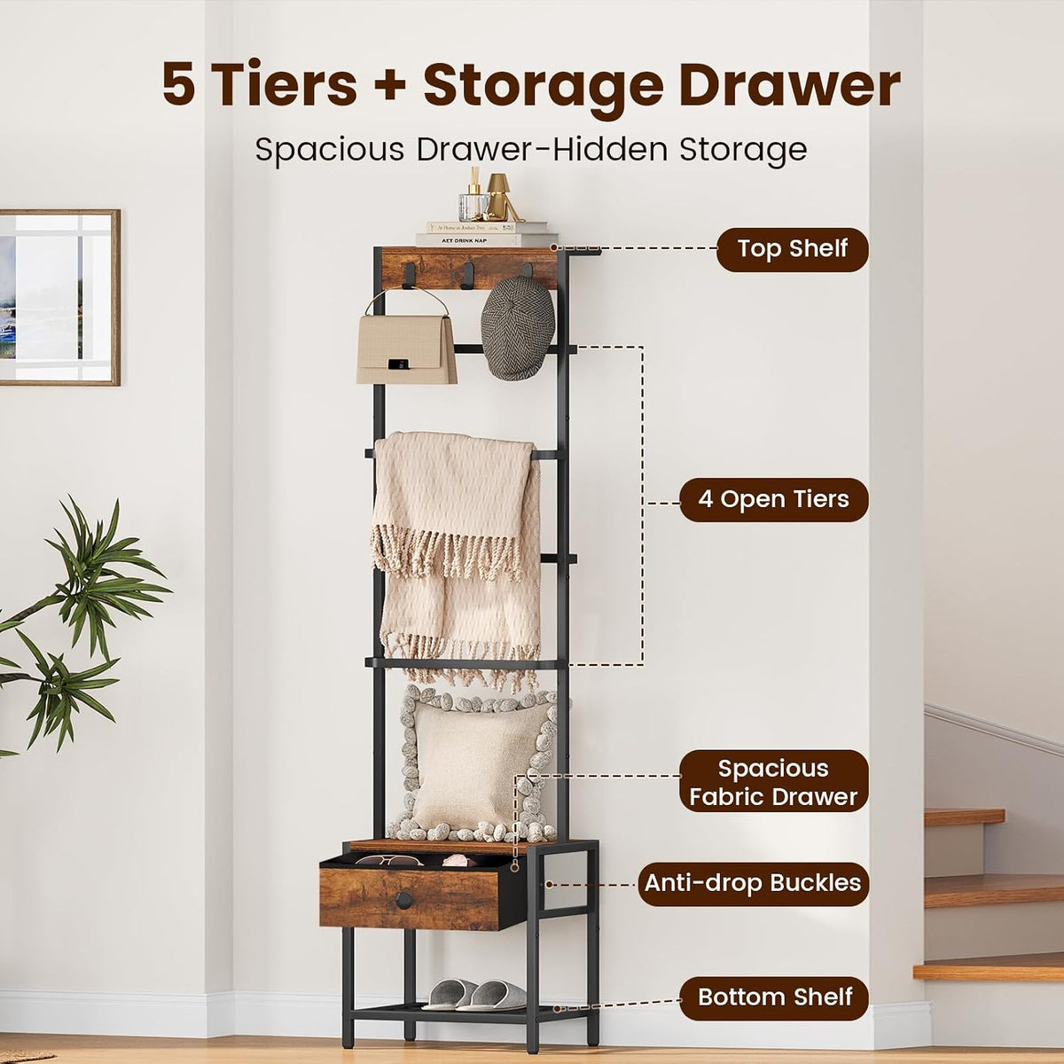 Snughome 8-Tier Blanket Ladder with Storage Drawer & Hooks for Living Room