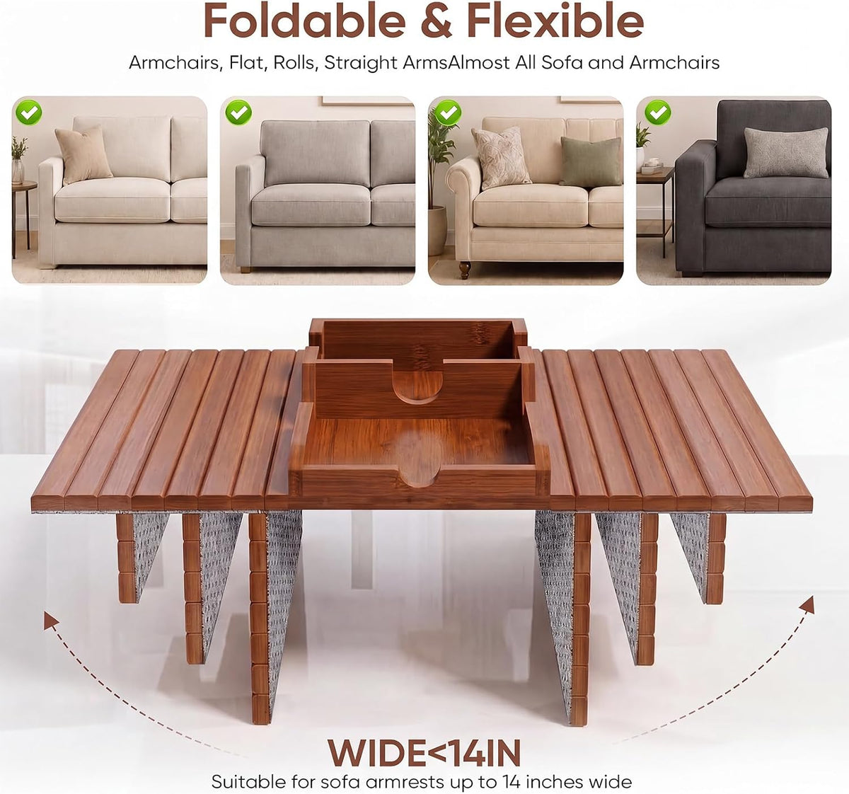 Acacia Wood Couch Arm Tray with Cup Holder, Sofa Armrest Table