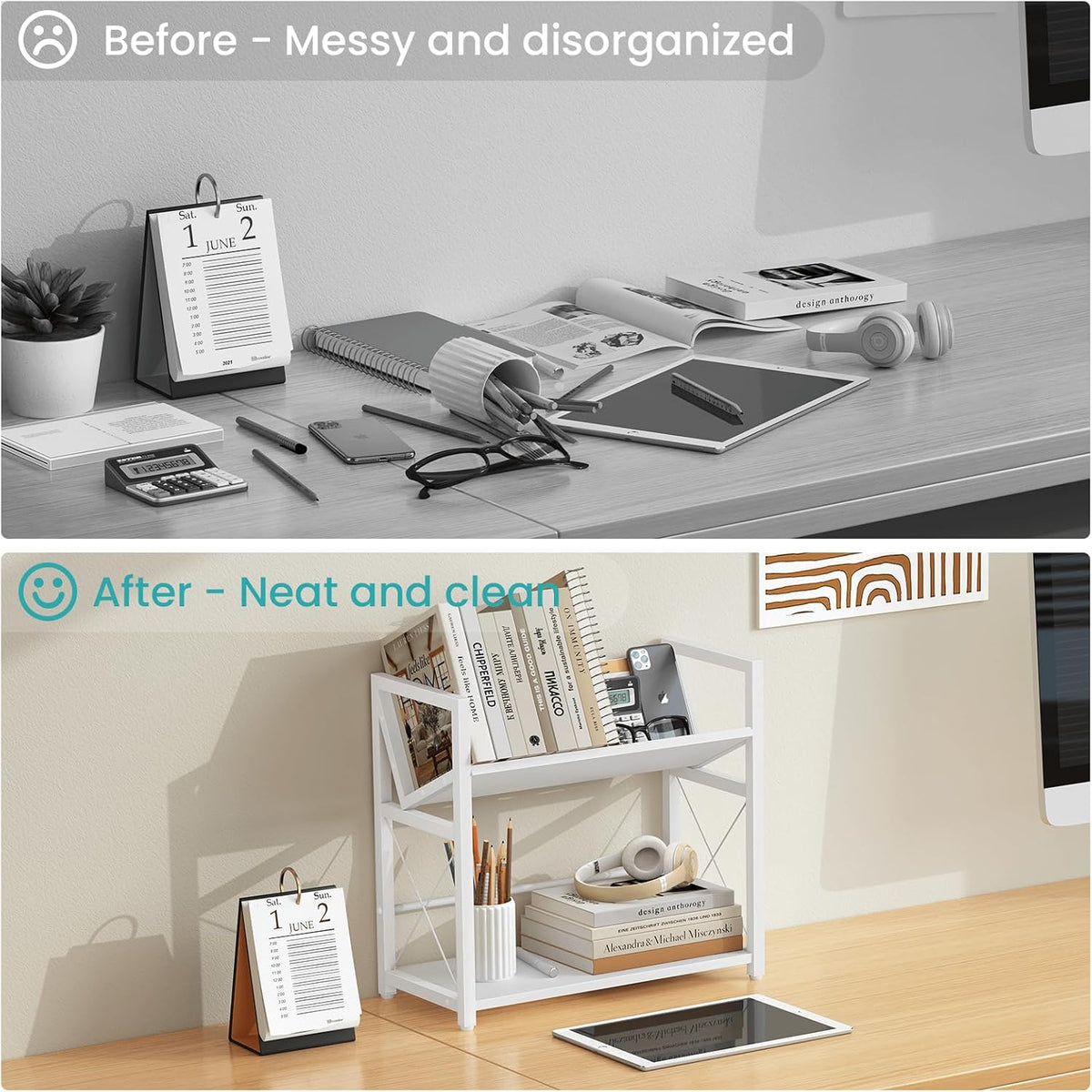 ELITEROO Desktop Bookshelf Organizer, 2 Tier Wood Desk Shelf for Tabletop Sto...