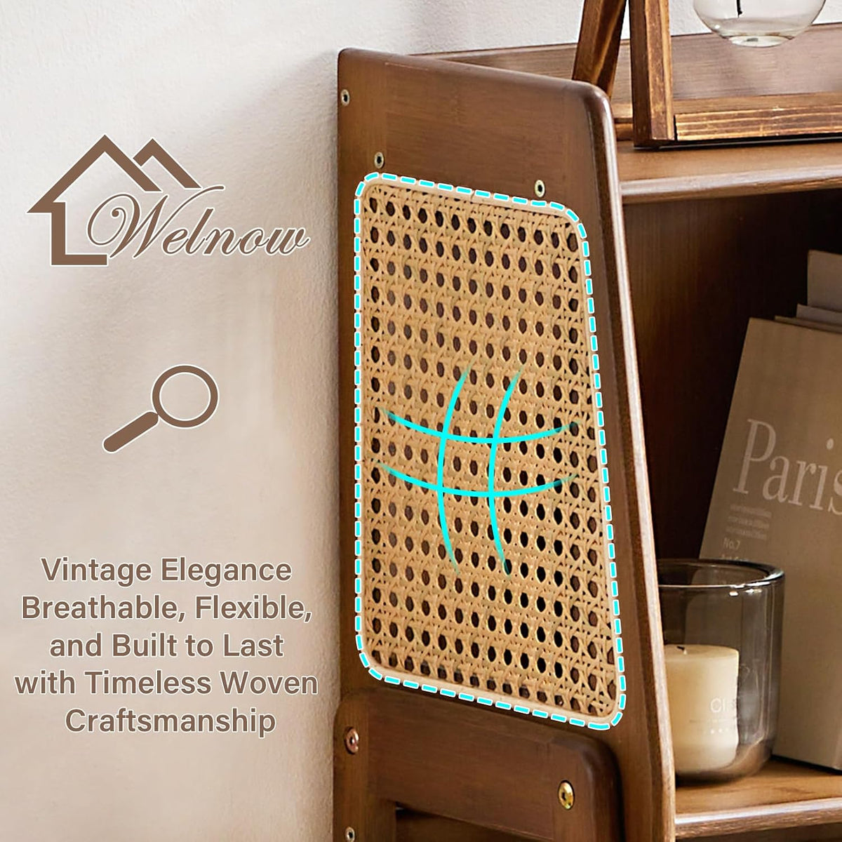 Welnow Bamboo Rattan Bookcase with Cabinet,4-Tier Wicker Bookshelf,Walnut