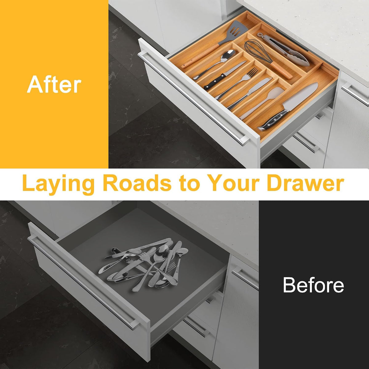 Large Premium Bamboo Silverware Organizer - Expandable Drawer Organizer &...
