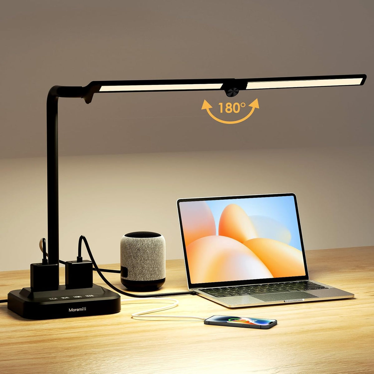 LED Desk Lamp for Home Office: Desk Light Double Head Adjustable with Power S...