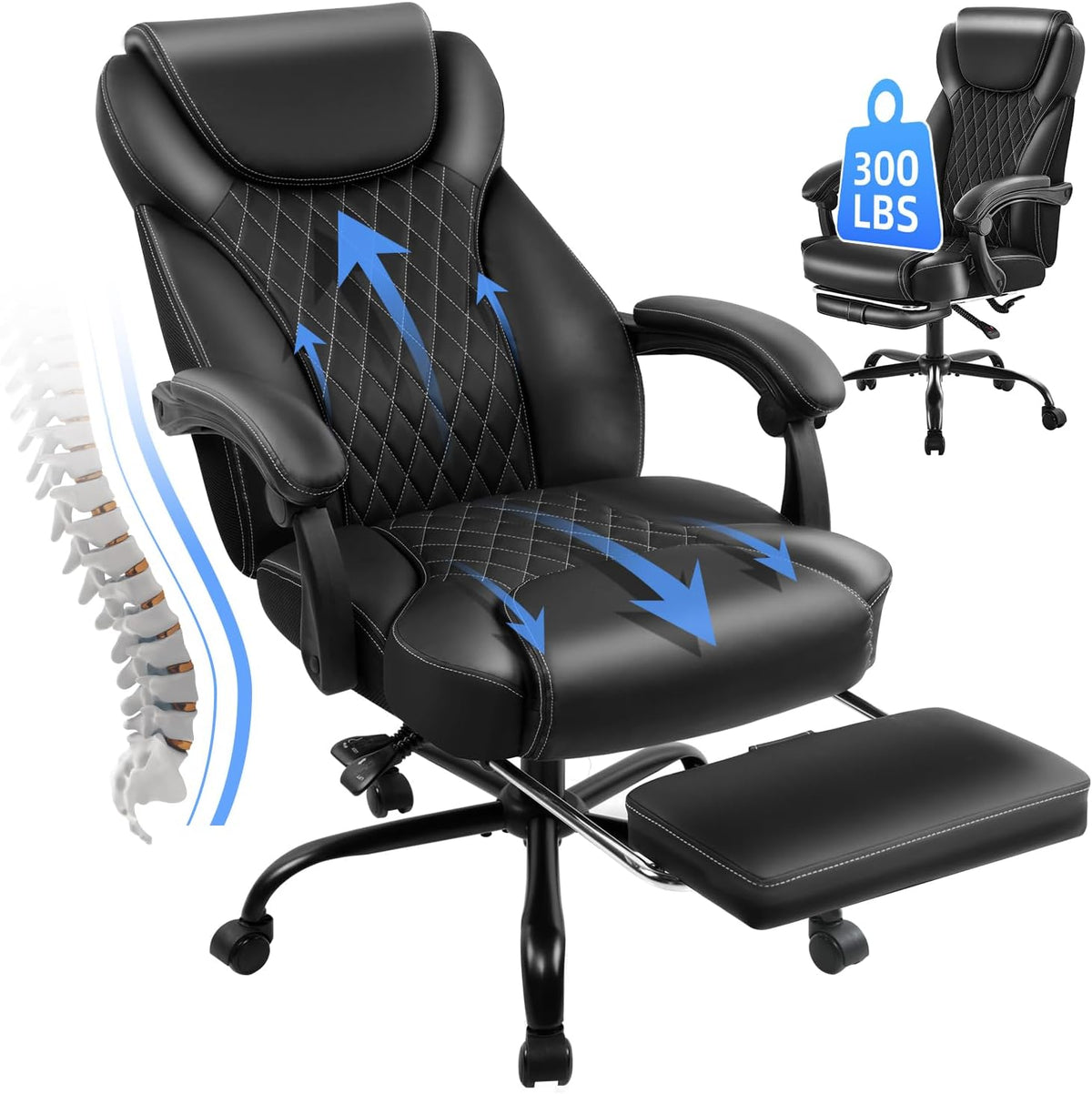 amseatec Big and Tall Office Chair with Footrest, Lumbar Support, Black