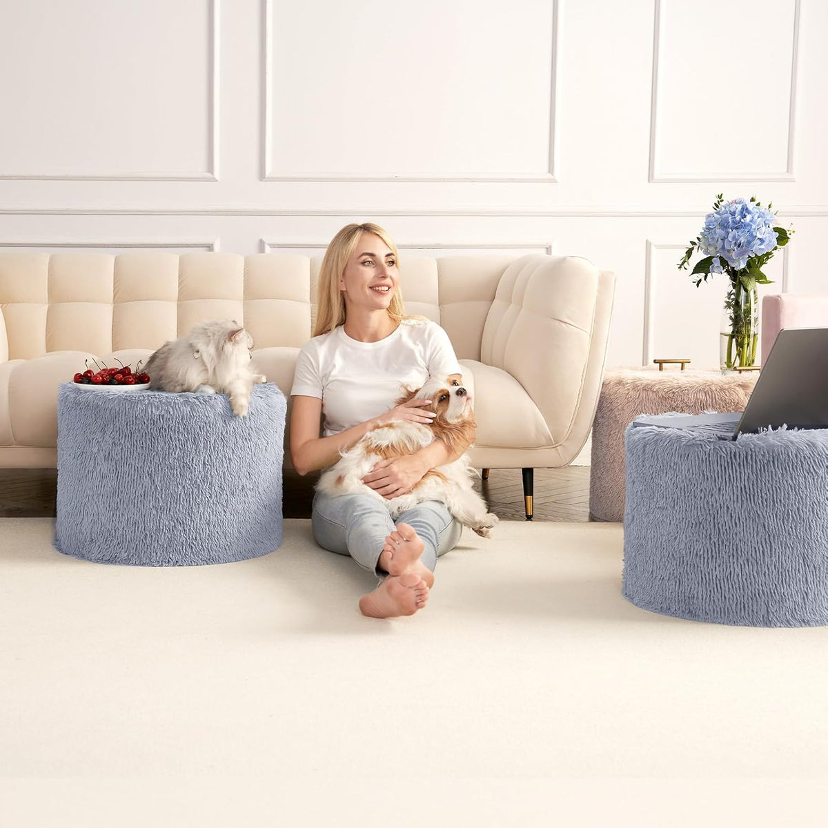 Hansleep Round Pouf Ottoman Foot Rest, Footstool, 17 x 14 Inch, Grey