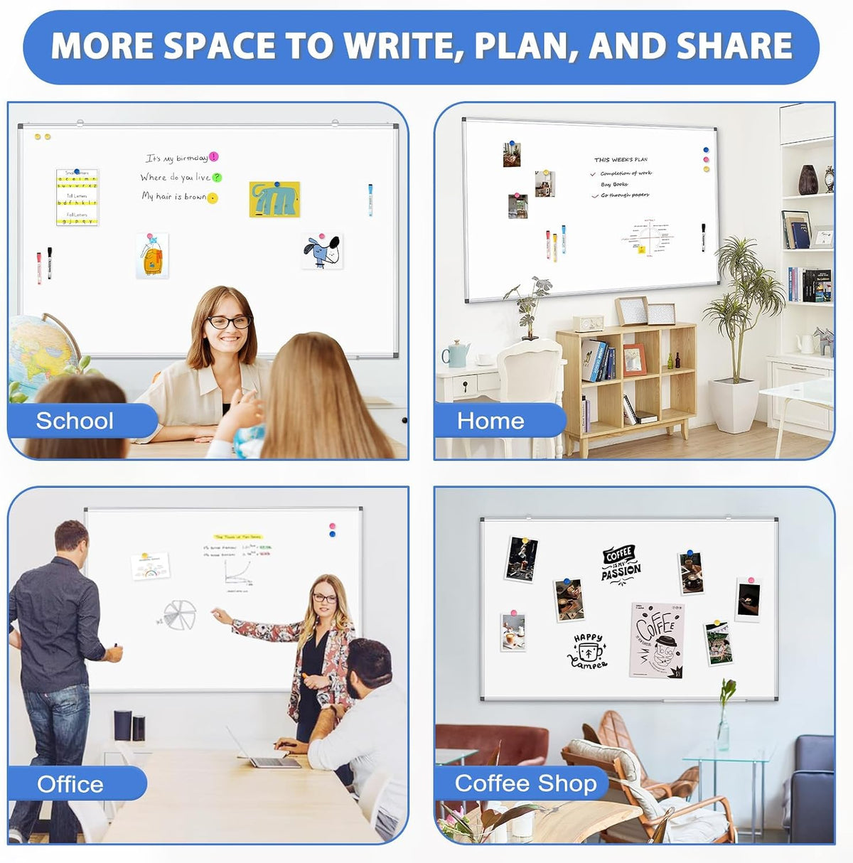 WALGLASS Large White Board 48x36 Double-Sided Dry Erase Magnetic for Wall