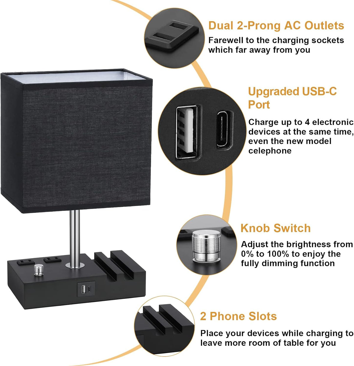 Black Table Lamp for Bedroom - Stepless Dimmable, USB C+A, 2 AC Outlets
