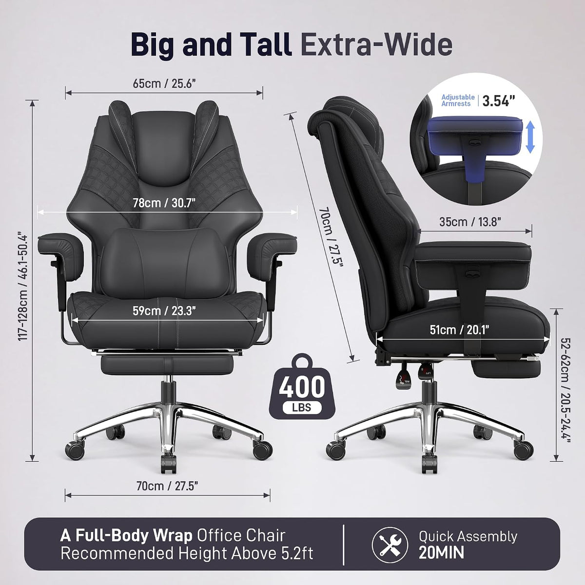 Big and Tall Executive Office Chair, 400 LBS, Footrest, Lumbar Support