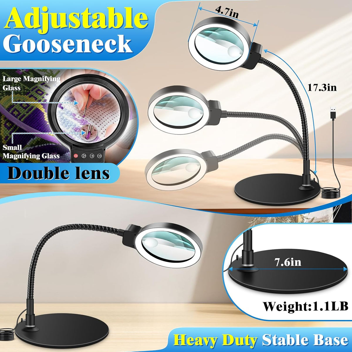 10X 30X Magnifying Glass with Light and Stand, LED Desk Lamp for Close Work