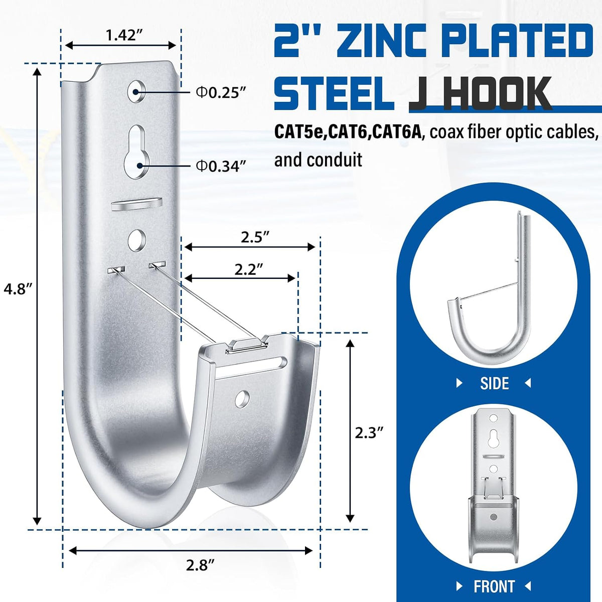 48 Pack 2-Inch Galvanized Steel Cable Support J-Hook with Retainer Clips - 48...