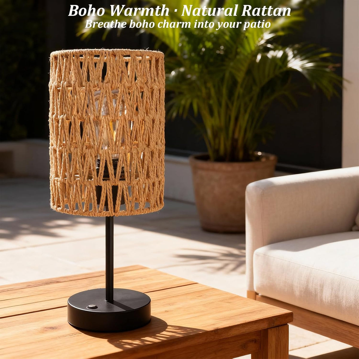 Rechargeable Outdoor Table Lamps, Rattan Boho Cordless Battery Operated Table...
