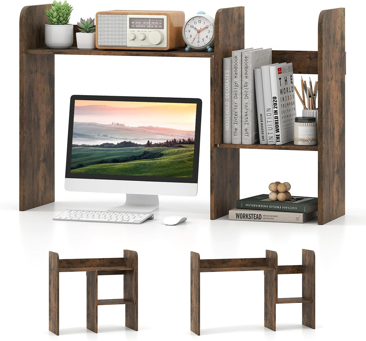 Tangkula Extendable Desktop Bookshelf, Dorm Desk Hutch, Rustic Brown