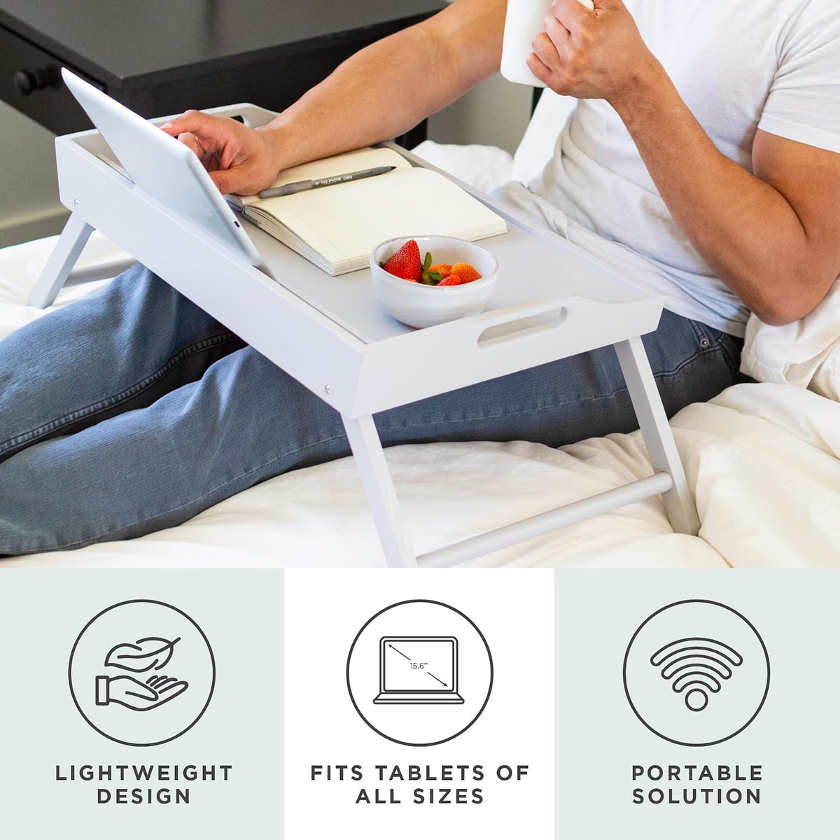 ROSSIE HOME Wood Bed Tray – White, Fits 17.3” Laptops