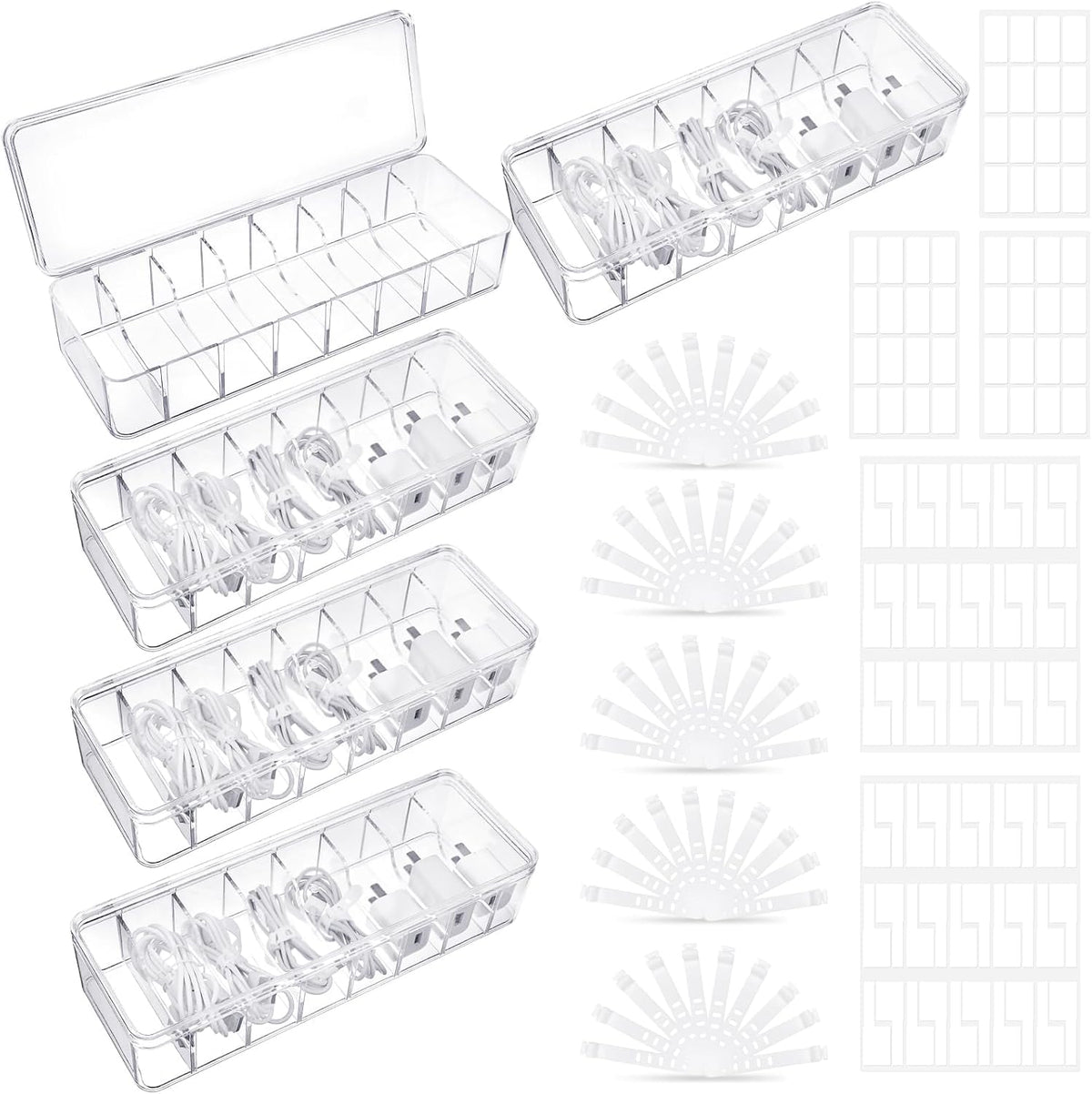 ProSuites Cable Organizer Box with Lid, 5 Pcs Clear Cord Storage Organizer wi...