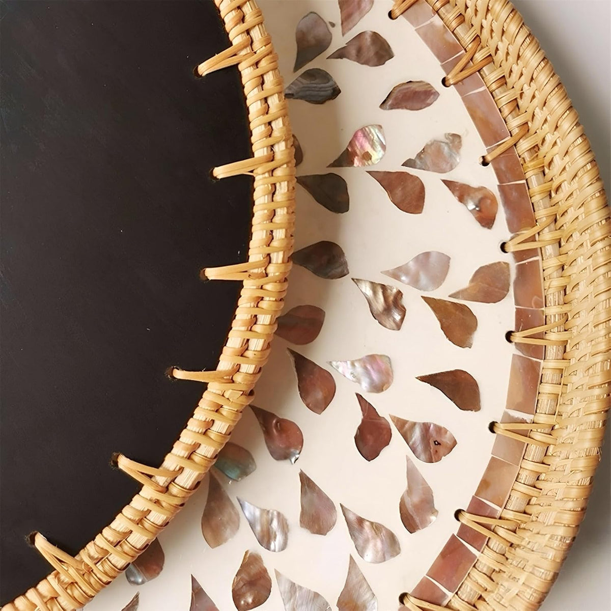 i-lan Set of 3 Round Rattan & Mother of Pearl Trays, Pearlescent Florals