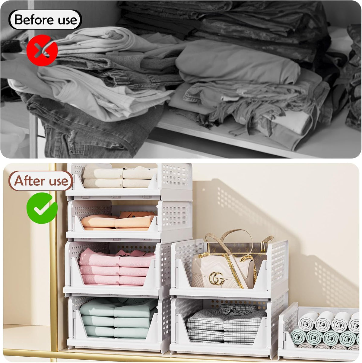 5 Pack Folding Closet Organizers Storage Box, Stackable Storage Bins, Plastic...