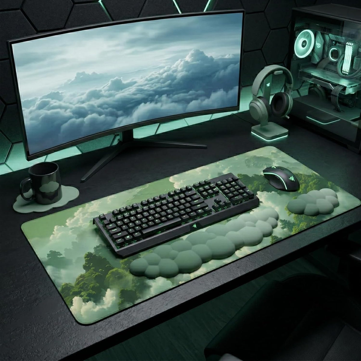 Green Cloud Mouse Pad and Keyboard Wrist Rest 4PCS Extended Forest Mountain A...
