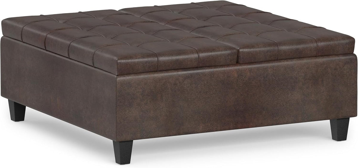 SIMPLIHOME Harrison 40" Wide Vegan Leather Ottoman in Distressed Brown
