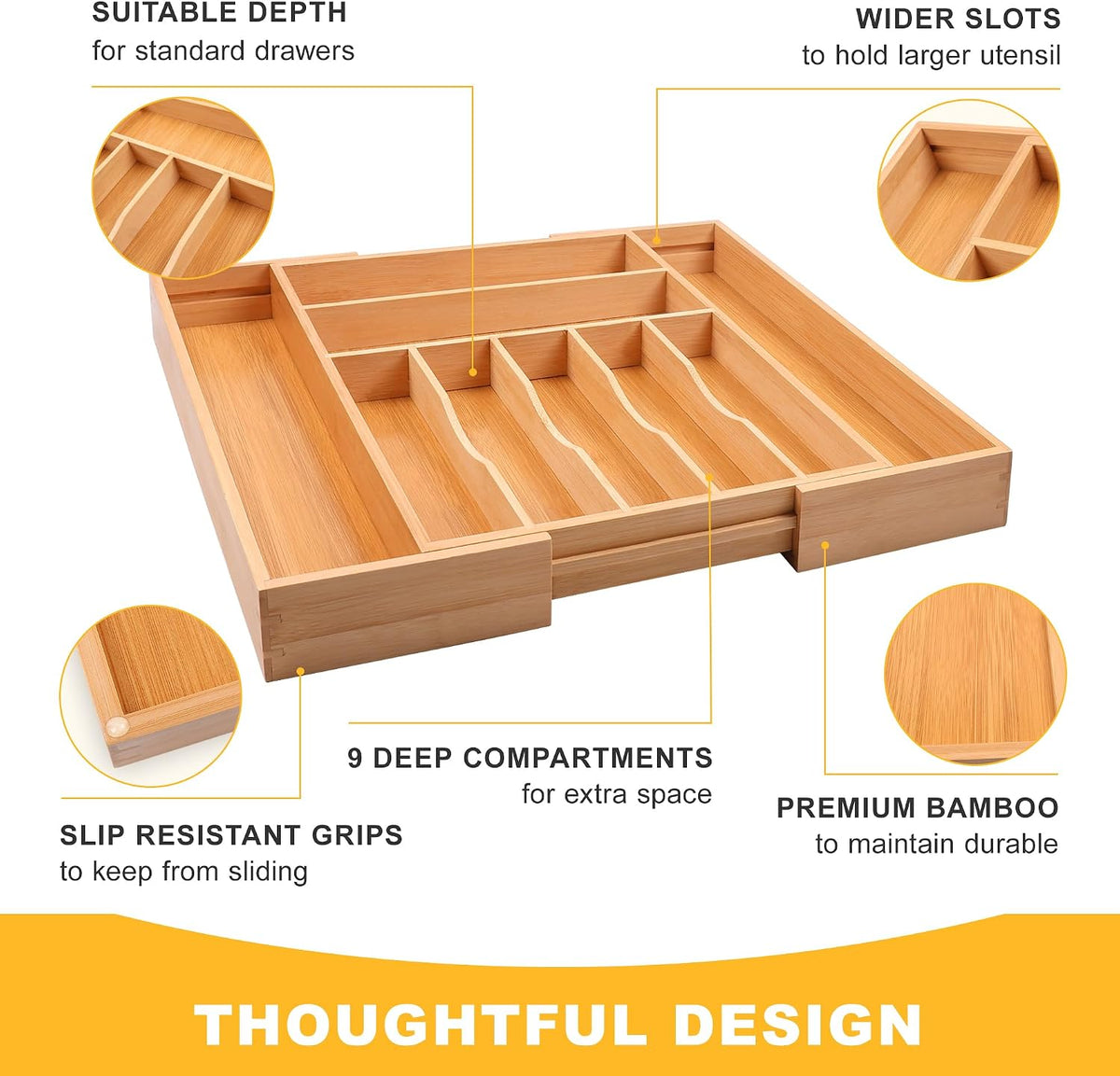 Large Premium Bamboo Silverware Organizer - Expandable Drawer Organizer &...