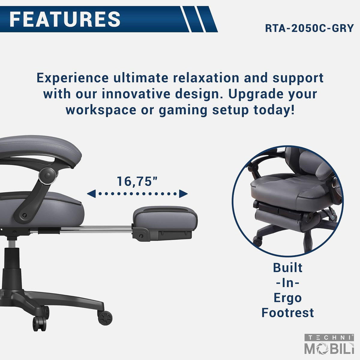 Techni Mobili Executive Gaming Chair with Footrest, 150° Reclining, Grey