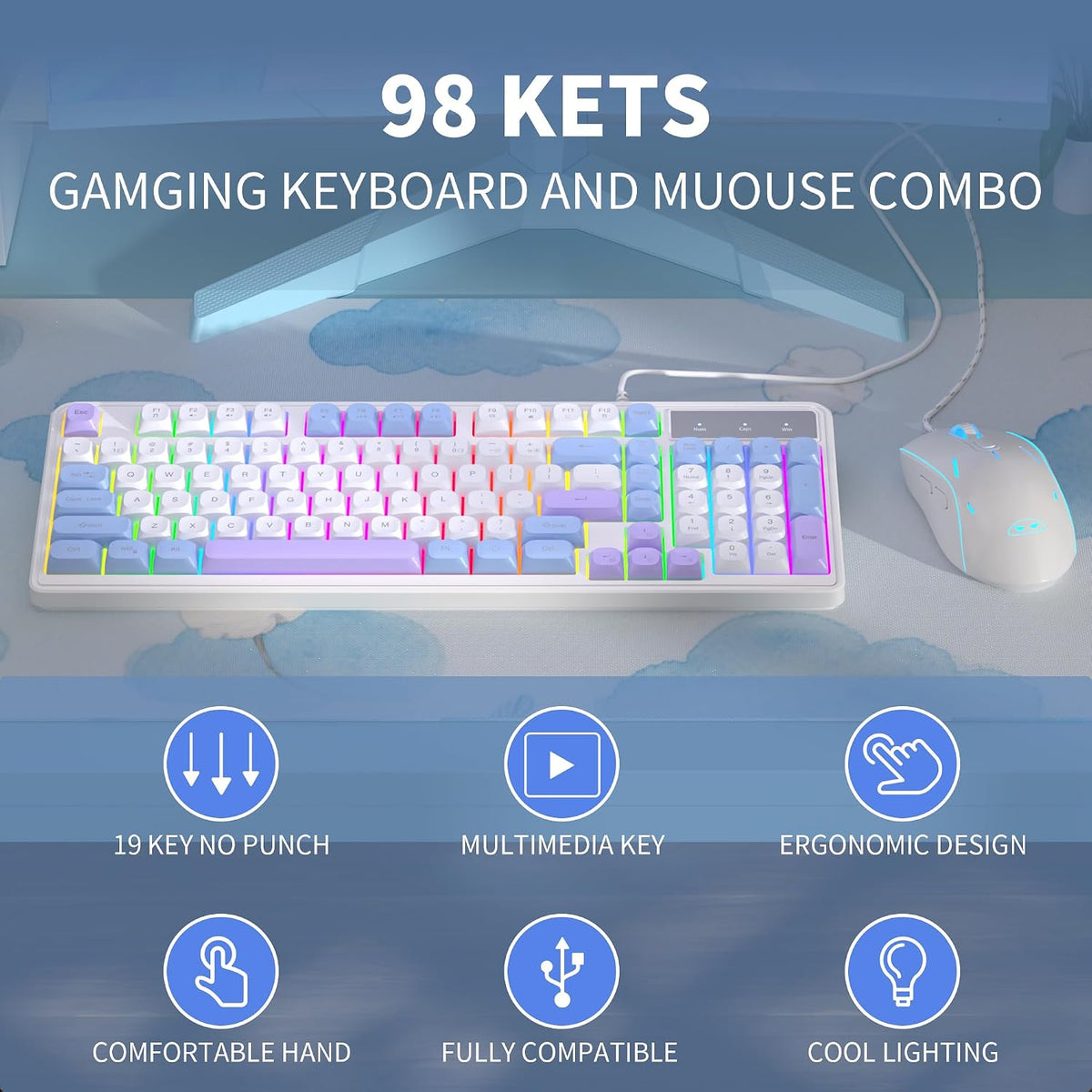 Wire Gaming Keyboard,Creamy Keyboard and Mouse Combo, 7 Colorful Rainbow Back...