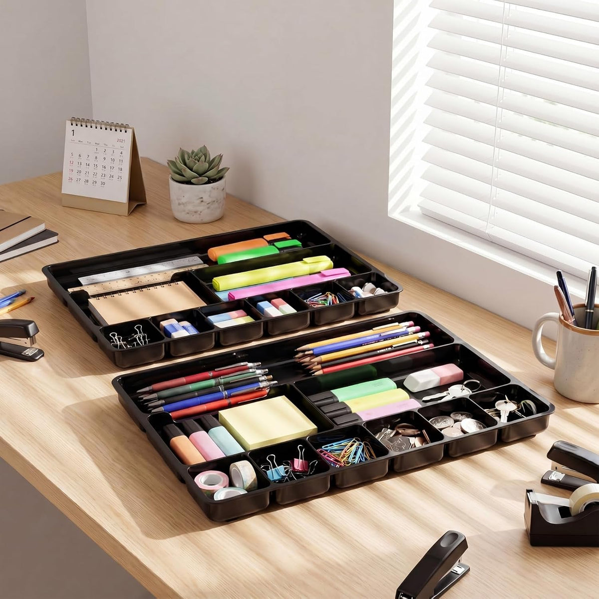 Junkin 4 Pcs Desk Drawer Organizer Tray 14" x 9" x 1",Black