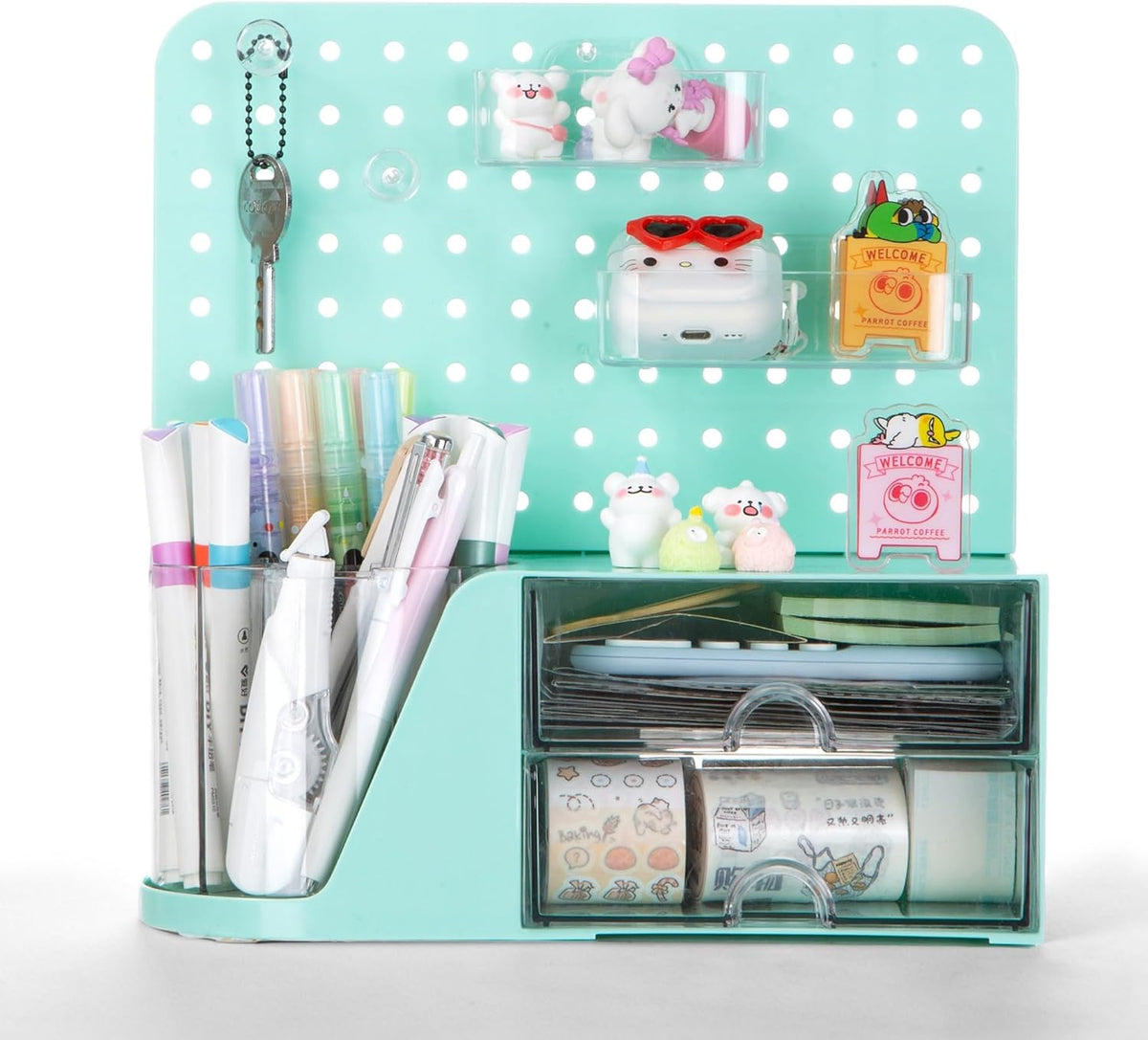 Comix Desk Organizer with 2 Drawer, Green 360° Rotating Pen Holder for Desk