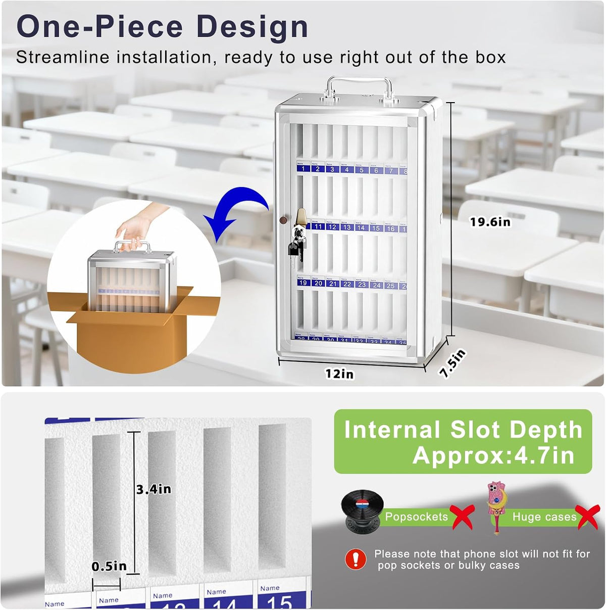 Aluminum Alloy Cell Phone Lock Box Holder for Classroom, 36 Slots, Silver