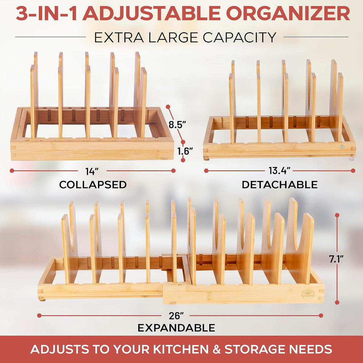 Pot and Pan Organizer for Under Cabinet – Bamboo Pot Lid Organizer for Cabine...