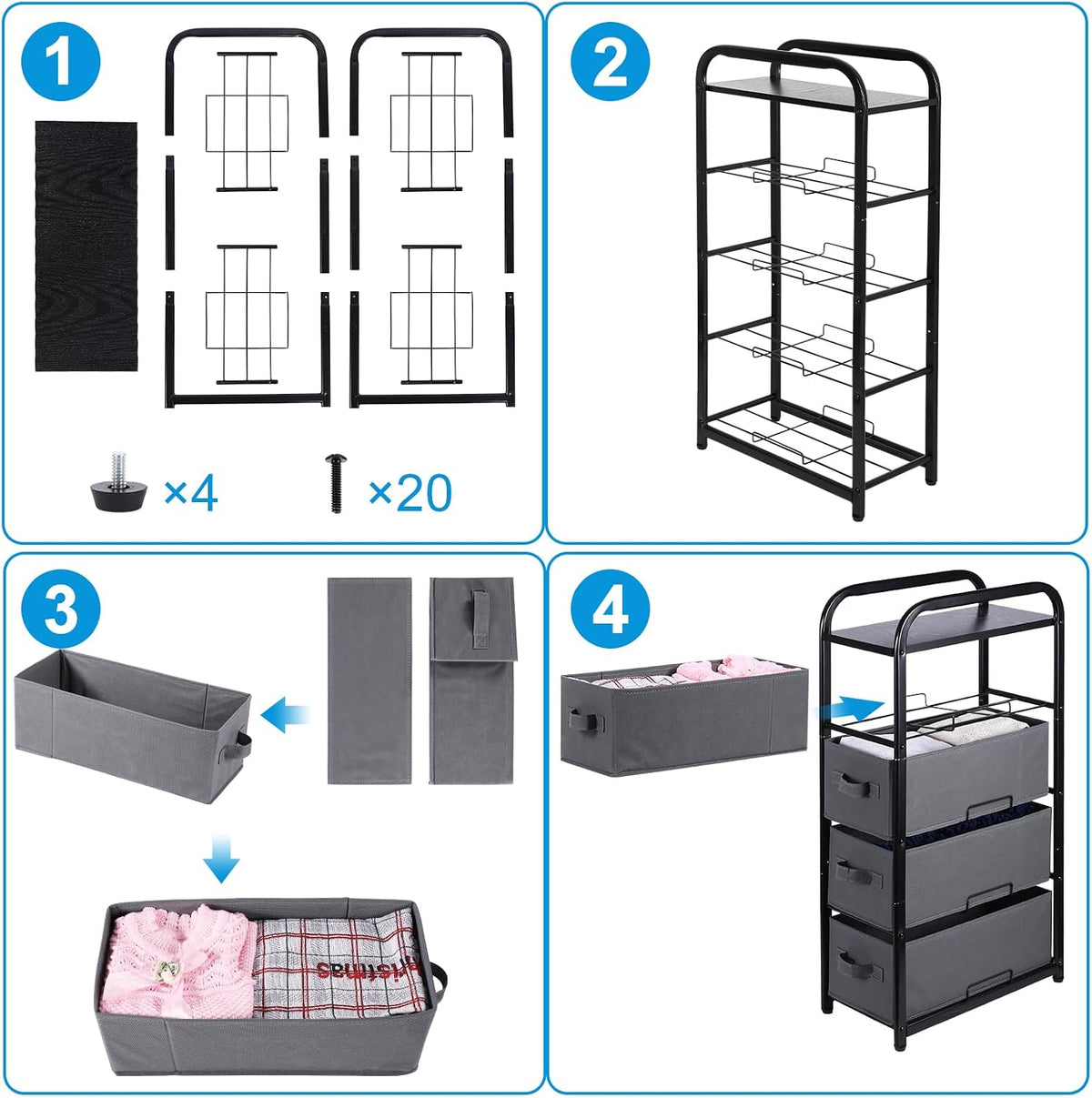 MAX Houser 4 Drawer Narrow Dresser Fabric Storage Tower Vertical Slim Storage...
