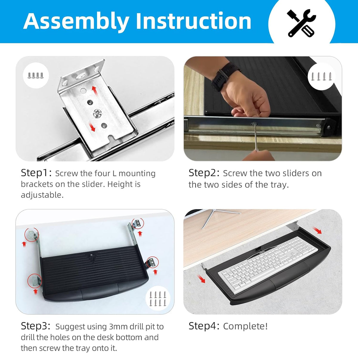22"Wx11"D Under Desk Keyboard Tray Slide Out, Pull Out Keyboard Tra...